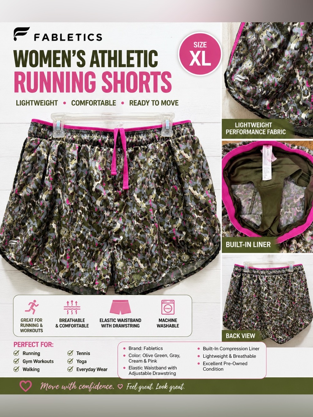 Fabletics Olive Green Camo Athletic Shorts with Pink Trim
